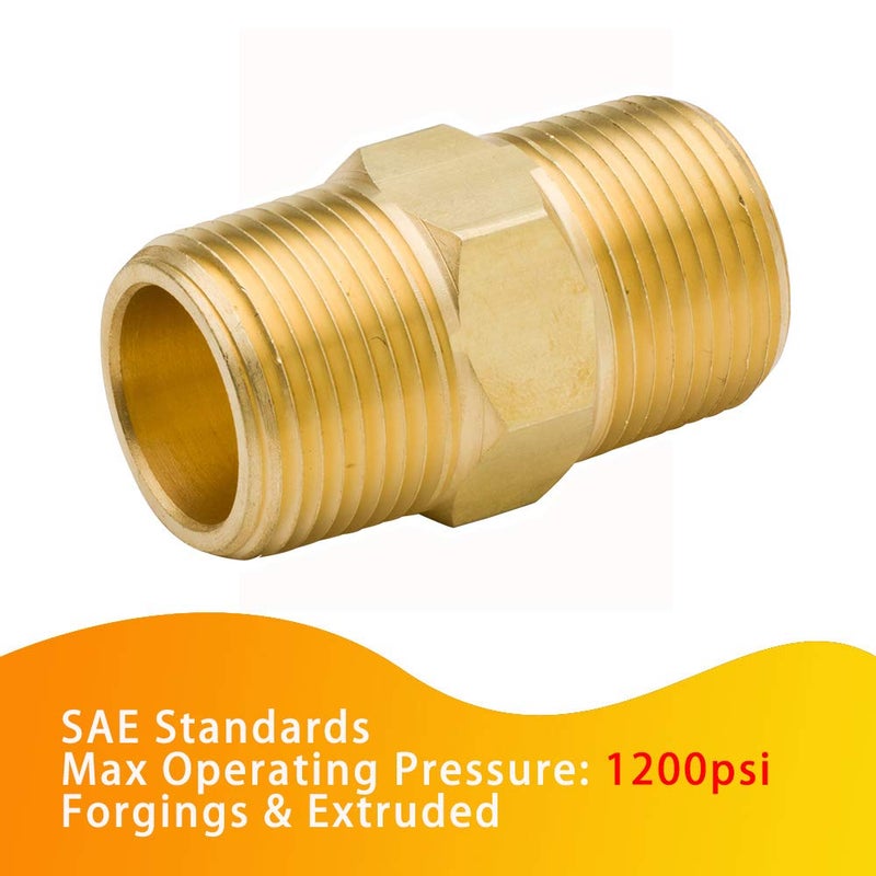 Legines Brass Hex Nipple 3/8" NPT Male x 3/8" NPT Male Straight Pipe Connector Fitting 1200psi (2 pcs) - Image 2
